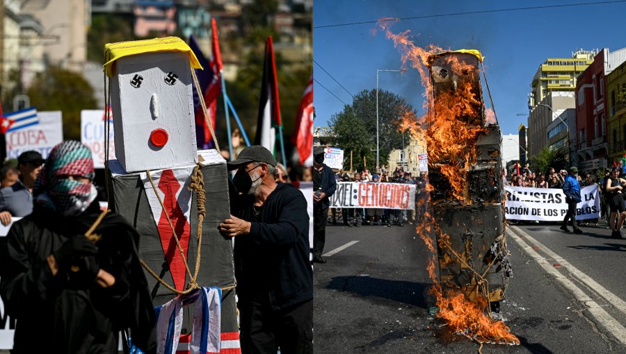 Marcha "antiimperialista" en Valparaíso: manifestantes quemaron figura de Trump en la antesala al cambio de mando en el Congreso